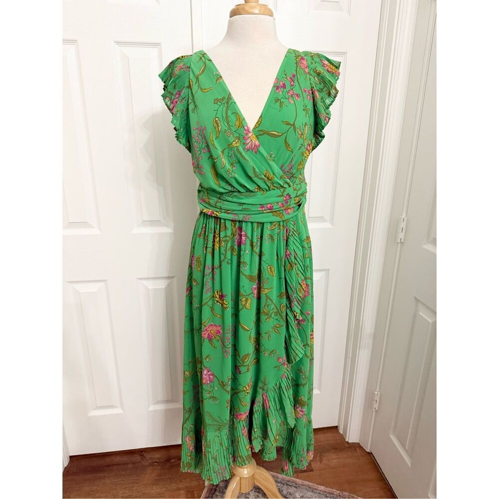 Anthropologie Green Floral Wrap Midi Dress with Ruffle Sleeves